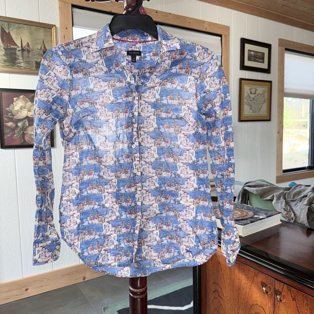 Talbots Amalfi Coast Village Print Cotton Button Down XS - Mediterranean Toile